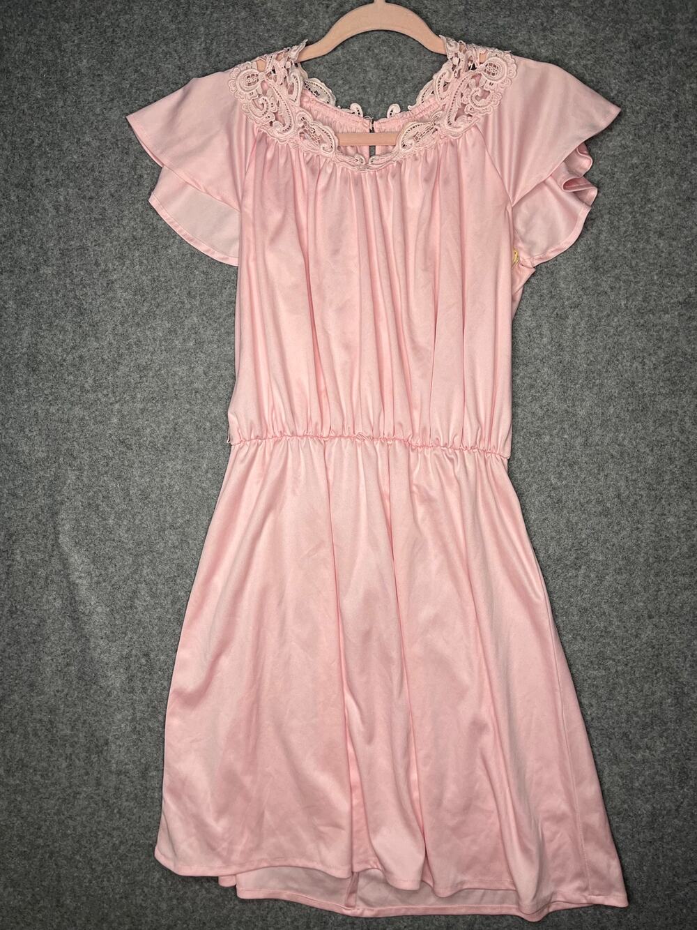 Vicky Vaughn Vintage 70's Dress Pink Lace Trim Flutter Sleeve Satin Junior Large